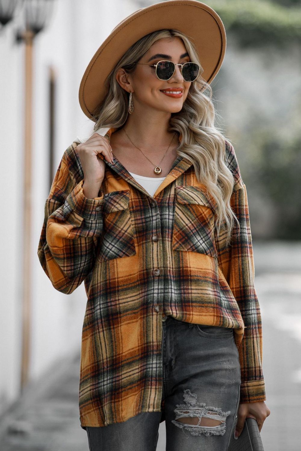 Drawstring Plaid Long Sleeve Hooded Shacket